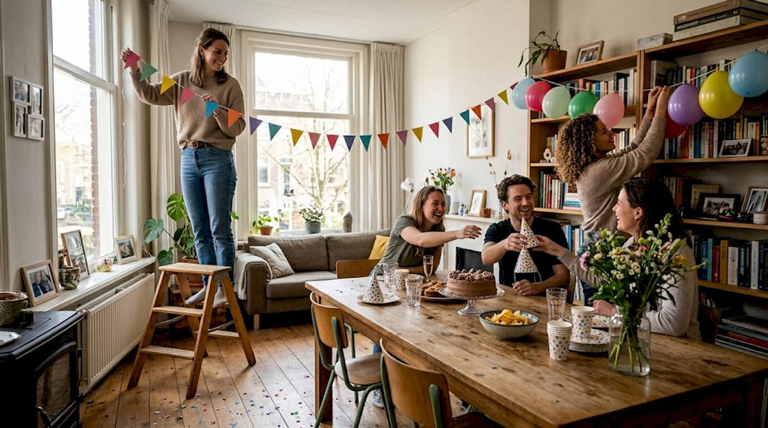 Met z’n allen versieren vrienden de gezellige woonkamer met slingers.