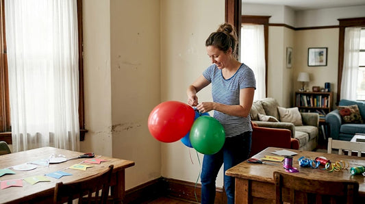 Een vrouw is druk bezig met het ophangen van feestelijke ballonnen en slingers.