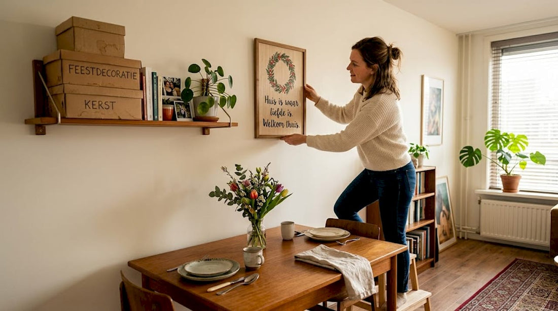 Vrouw geeft haar woonkamer een feestelijke uitstraling met een inspirerende quote aan de muur.