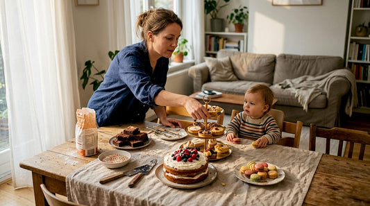 Mama maakt van de woonkamer een feestelijke plek met een prachtig versierde taarttafel.