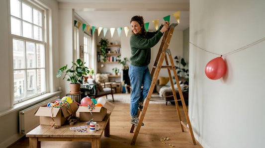 Een vrouw is druk bezig met het ophangen van slingers in de woonkamer.