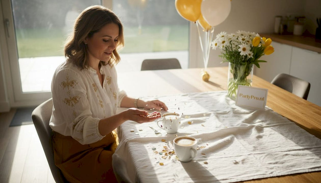 Een vrouw strooit vrolijk confetti over een feestelijk gedekte keukentafel.