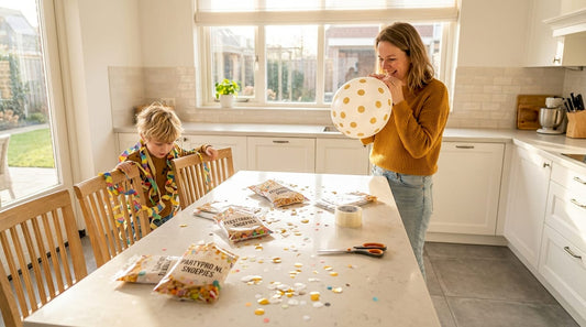 Samen met haar kind maakt moeder de keuken feestelijk voor het kinderfeestje.