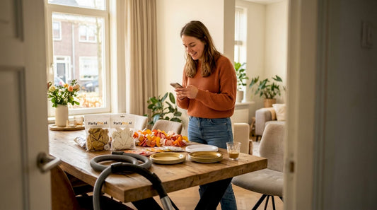 Een vrouw kijkt haar checklist na te midden van feestelijke versieringen.