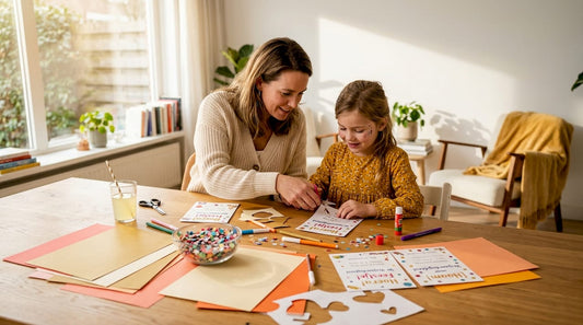 Samen knutselen moeder en dochter vrolijke uitnodigingen voor het kinderfeestje.