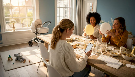 Een groep vrouwen zit gezellig aan de eettafel plannen te maken voor een babyshower.