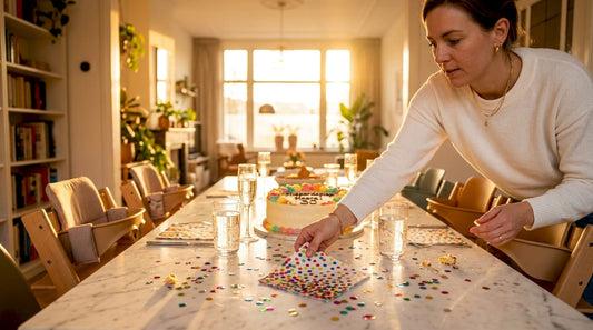 Een vrouw kleedt de eettafel sfeervol aan voor een feestelijke gelegenheid.