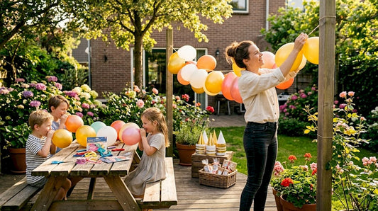 Samen met de kinderen versiert moeder de woonkamer met ballonnen.