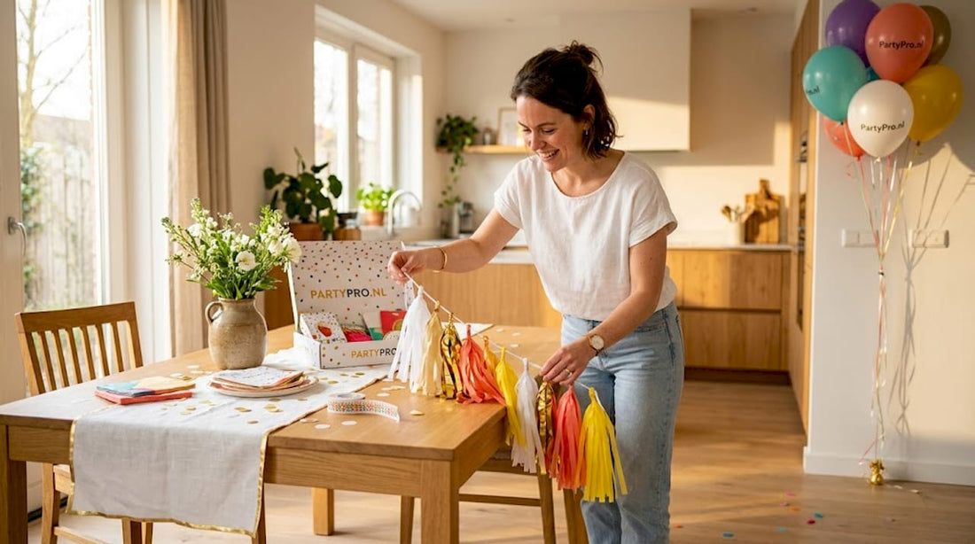 Een vrouw is de eettafel in de woonkamer gezellig aan het versieren met een slinger.