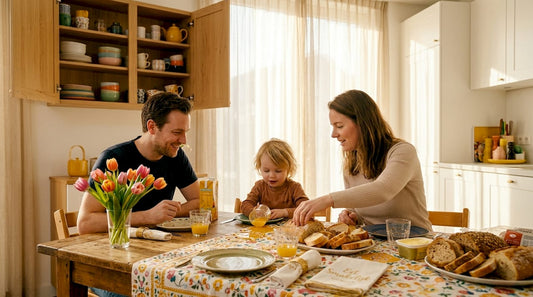 Een gezin geniet samen van een feestelijke maaltijd aan een mooi gedekte eettafel.