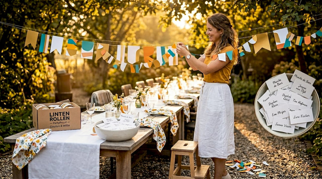 Een vrouw versiert de kamer met zelfgemaakte feestdecoratie.