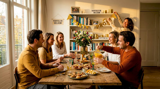 Volwassenen maken thuis de eettafel gezellig op in het thema van het feest