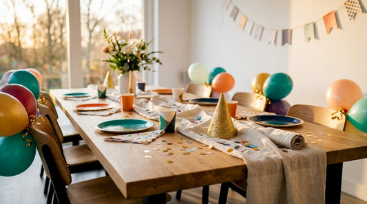 Een vrolijk gedekte feesttafel vol kleurrijke accessoires