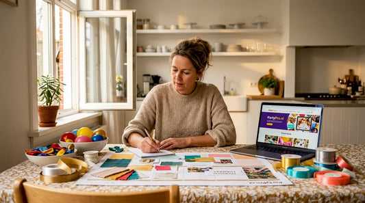 Een vrouw legt feestdecoratie klaar op tafel