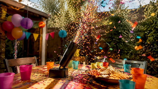 Een confettikanon zorgt voor een knallend spektakel midden op de feesttafel.