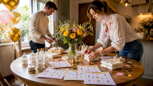 Een vrouw legt verschillende spelletjes klaar op tafel voor de babyshower.