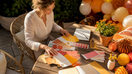 Een verzameling kleurstaaltjes en feestelijke versiering op een houten tafel