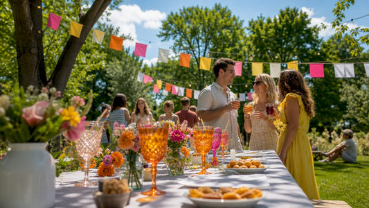 Op een zomers buitenfeest zorgen opvallende, kleurrijke banners voor een feestelijke sfeer.