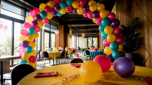 Een kleurrijke ballonnenboog zorgt direct voor een feestelijke sfeer in de zaal.