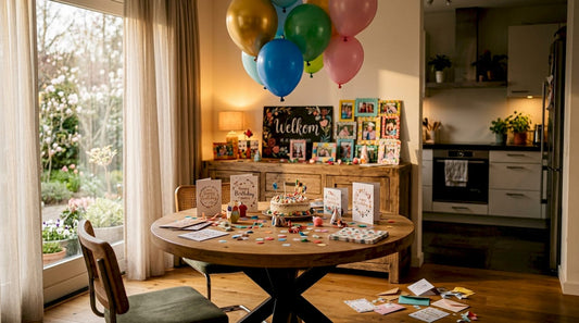 Een gezellige woonkamer, sfeervol aangekleed met persoonlijke feestversiering.