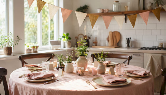 Gezellig gedekte eettafel met feestelijke, persoonlijke decoratie in een huiselijke setting