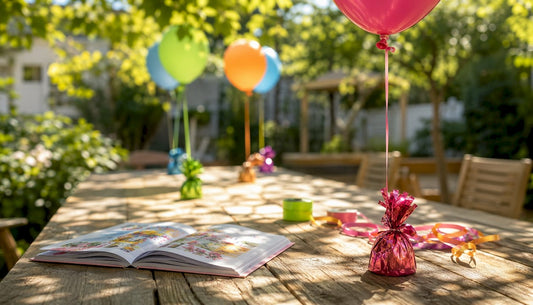 Een feestelijk gedekte tafel, versierd met helium ballonnen die stevig vastzitten aan vrolijke ballongewichten.