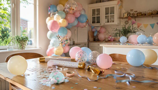 Woonkamer feestelijk versierd voor een gender reveal