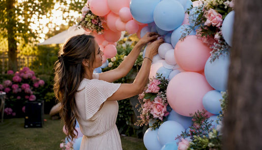 Met beide handen worden roze en blauwe ballonnen vastgeknoopt als feestversiering.