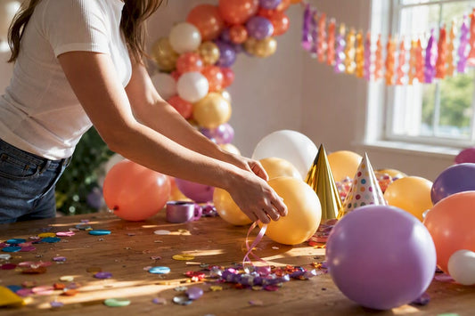Handen die versieringen voor een verjaardagsfeestje klaarleggen
