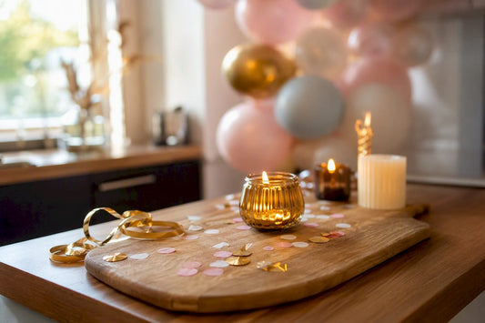 Feesttafel thuis met ballonnen en confetti
